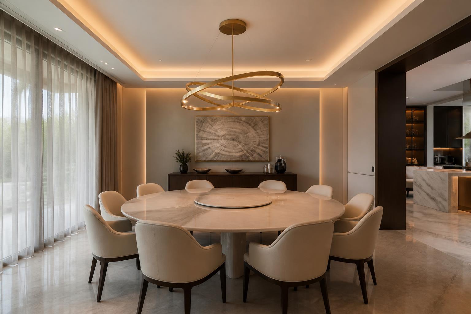 Formal dining area with round marble table, cream leather chairs and walnut display cabinetry