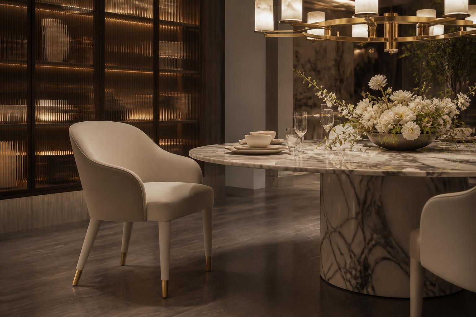 Close detail of a cream leather dining chair beside a marble table with a lit fluted glass cabinet behind