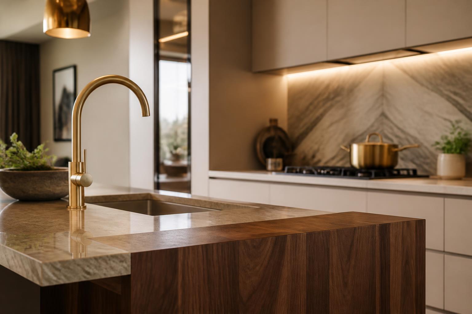 Kitchen detail showing walnut waterfall island edge, brass tap and book-matched marble splashback
