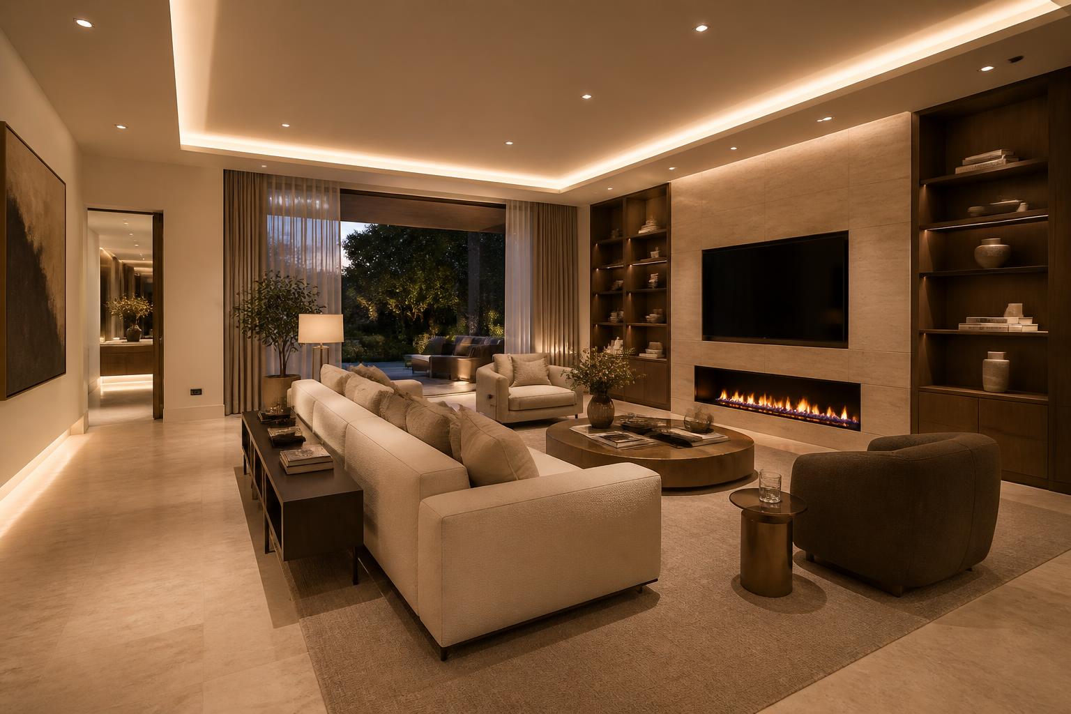 Family living room with book-matched marble TV wall, floating walnut console and boucle sofa