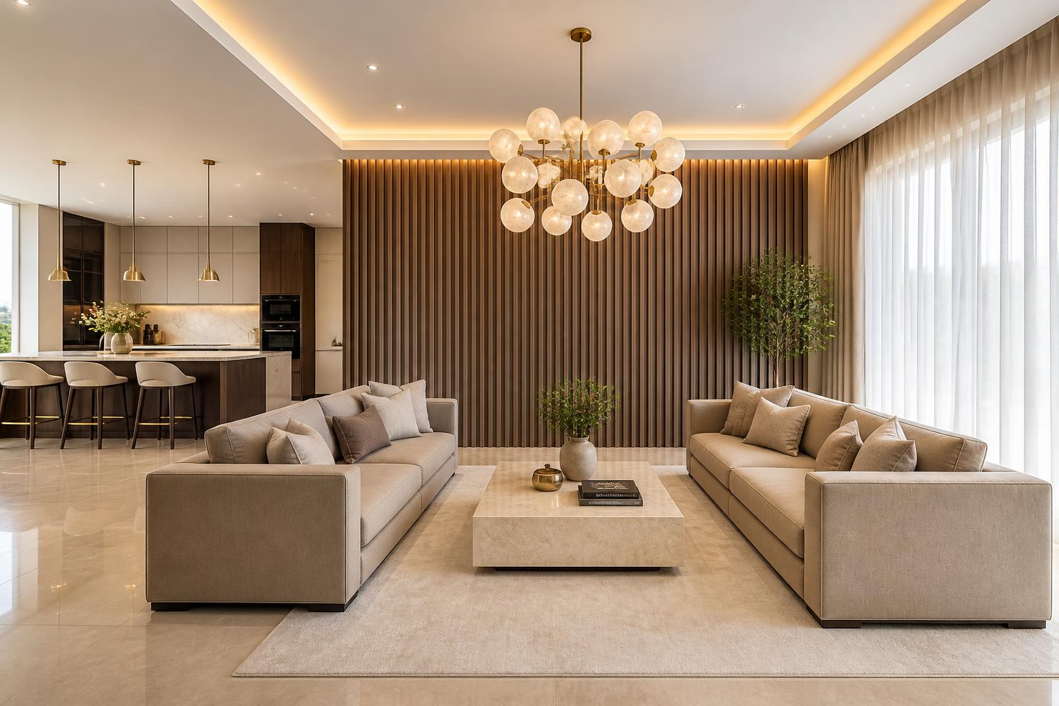 Living room seating cluster with oak slat wall and open kitchen visible behind