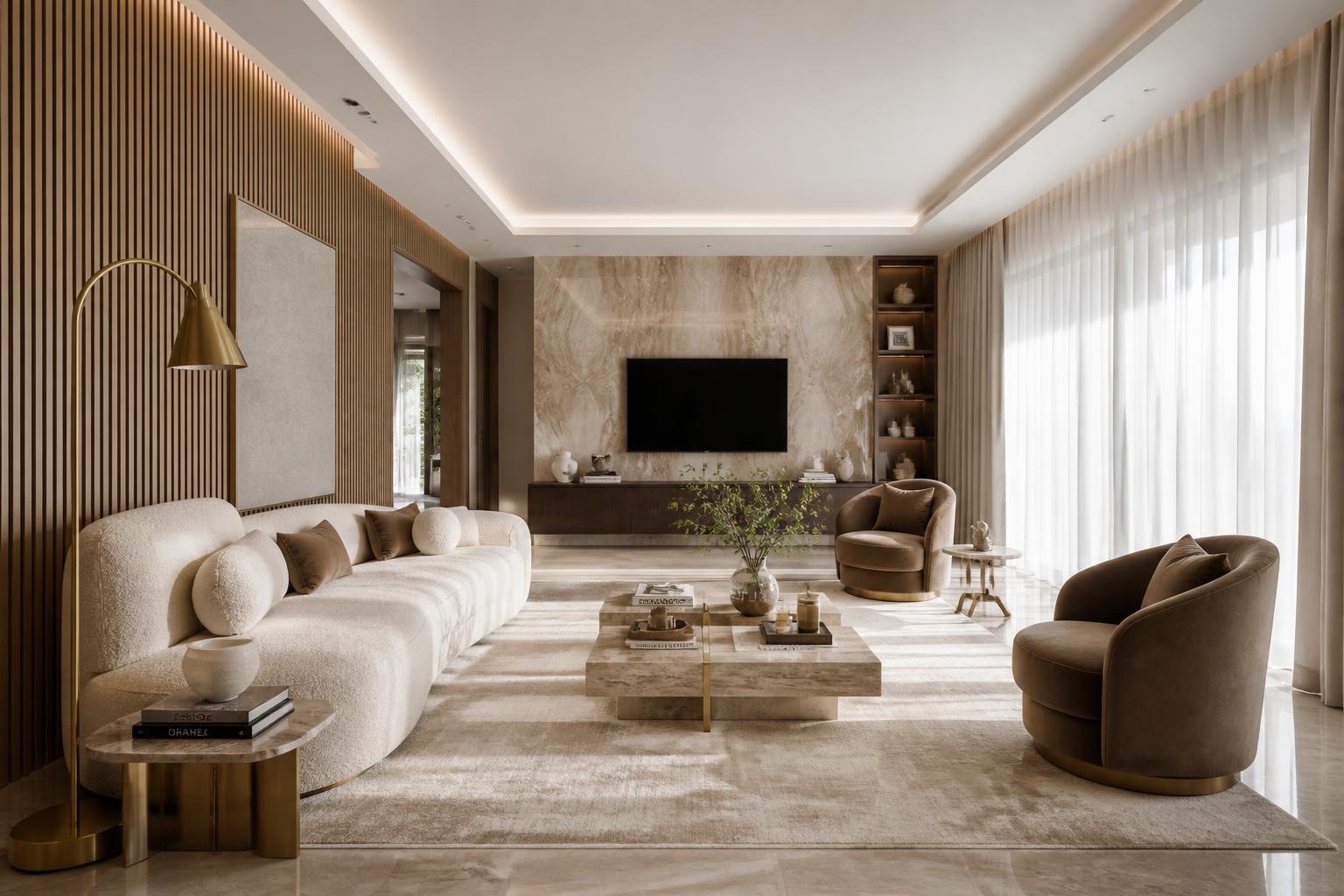 Daylit living room with sheer curtains, boucle sofa, velvet armchairs and travertine coffee table