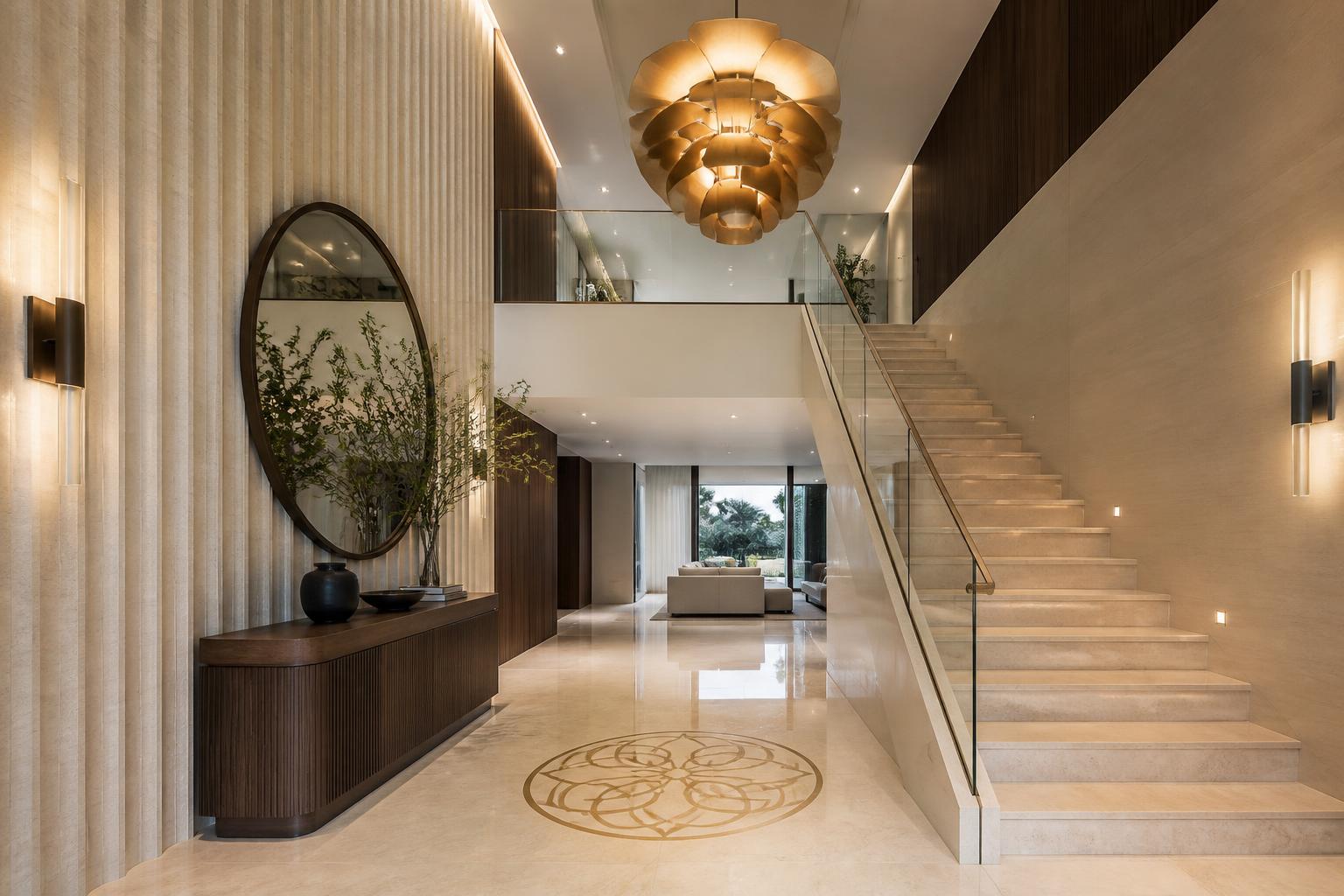 Luxury villa entrance lobby with marble floor medallion, brass framed mirror and cascading pendant