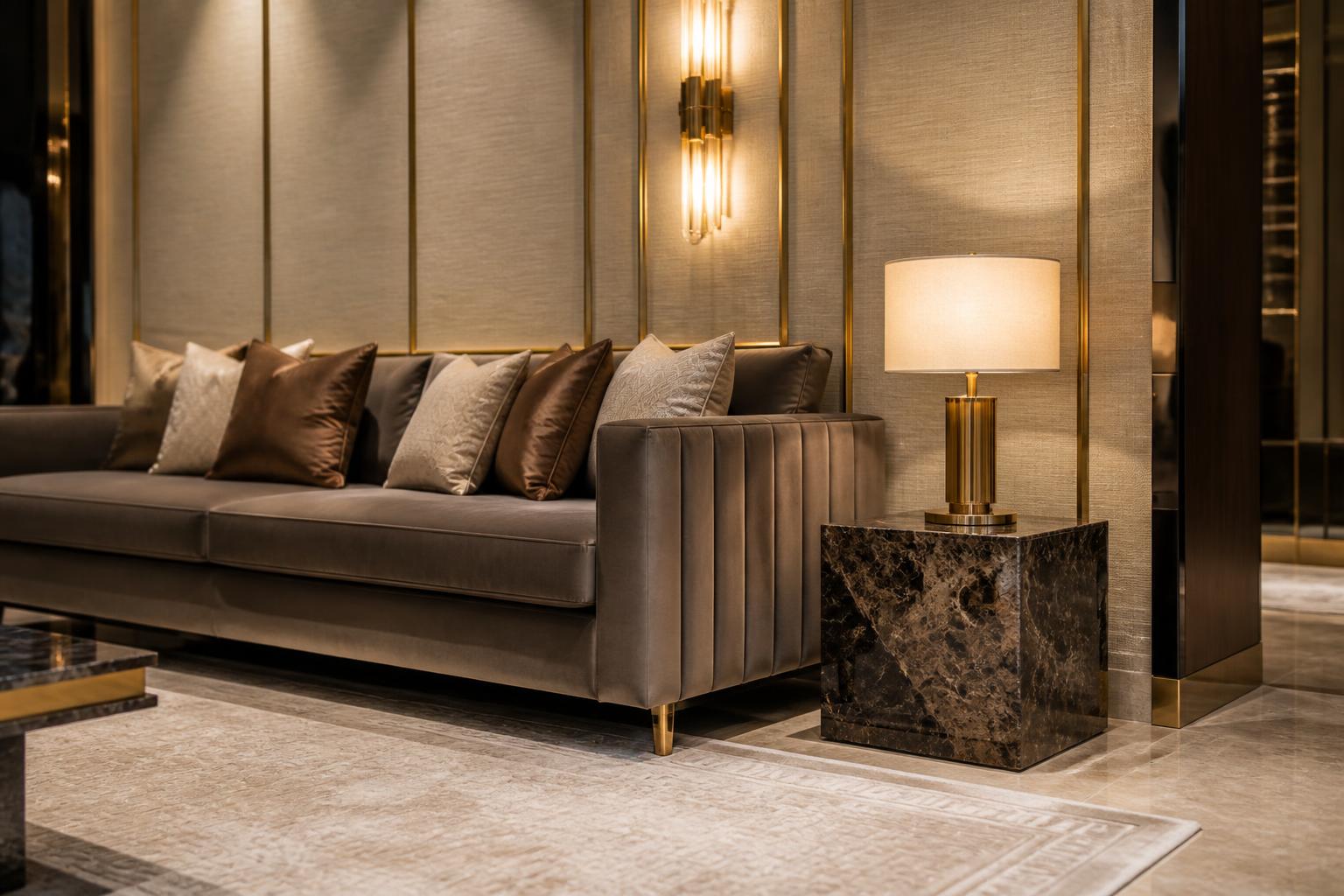 Close view of a taupe velvet guest lounge sofa beside a dark marble cube side table and brass sconce