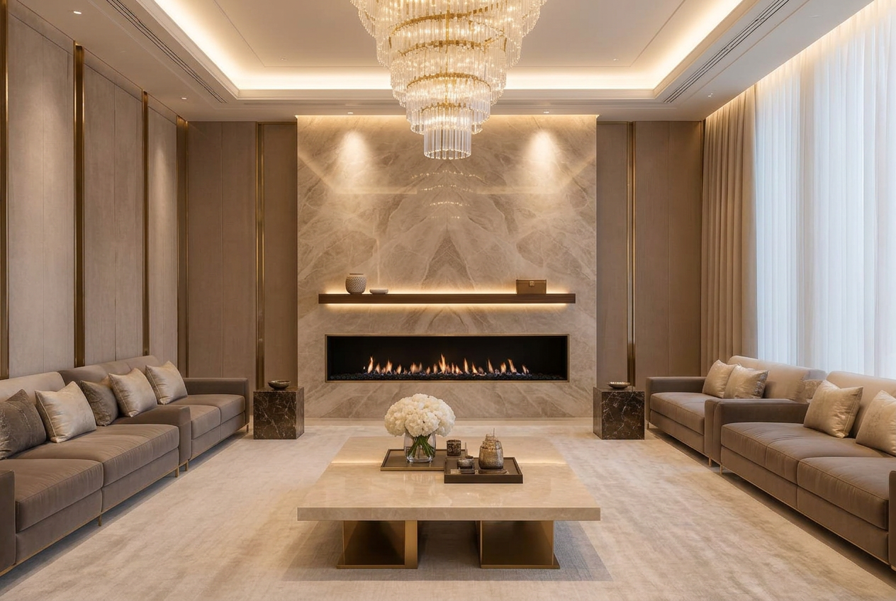Formal guest lounge with a wide linear fireplace set into a book-matched marble feature wall