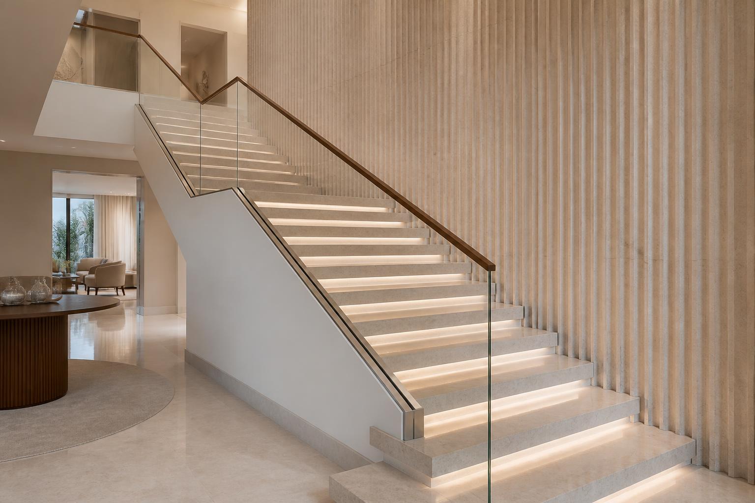 Marble staircase with a frameless clear glass balustrade, walnut handrail and a cascading light feature in the void