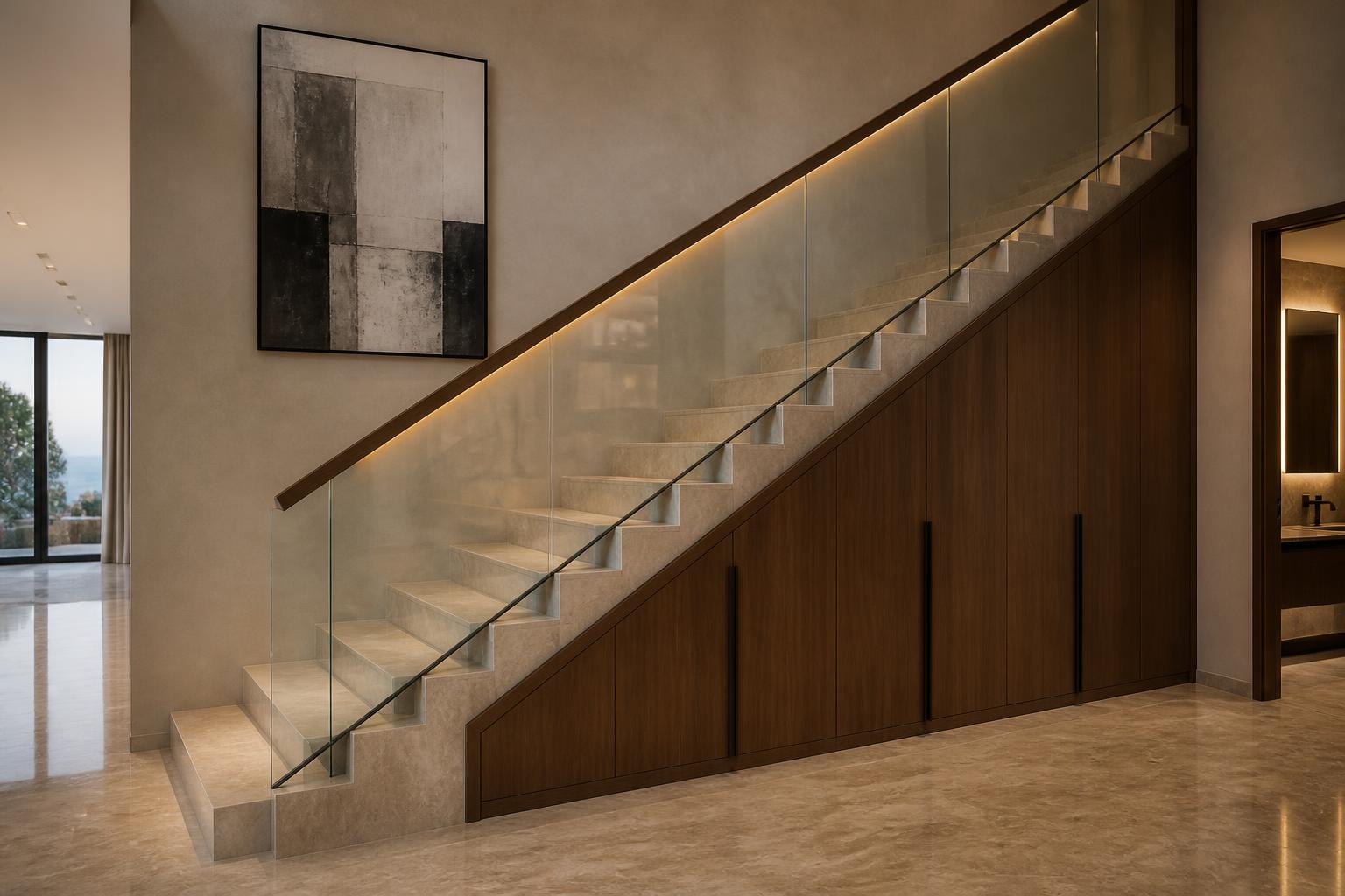 Side view of the villa staircase with a frameless glass balustrade and flush walnut understair joinery