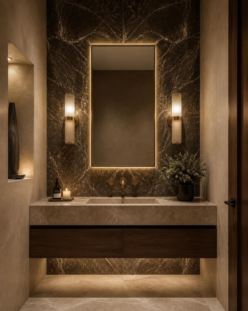 Dark marble guest powder room with floating walnut vanity, backlit mirror and brass sconces