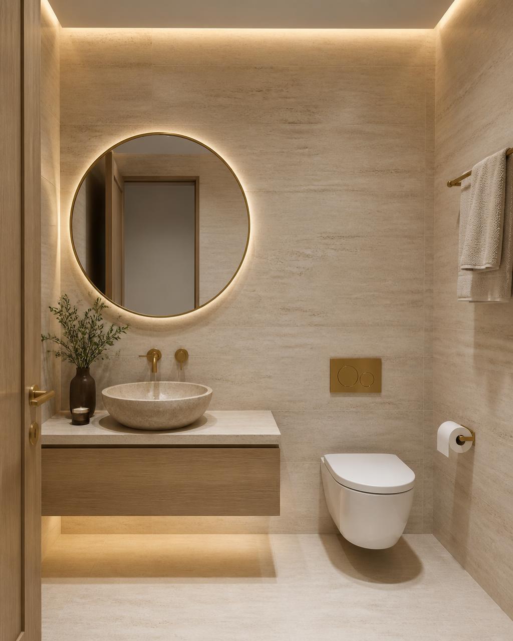 Light travertine guest WC with oak vanity, stone vessel basin and a round backlit mirror